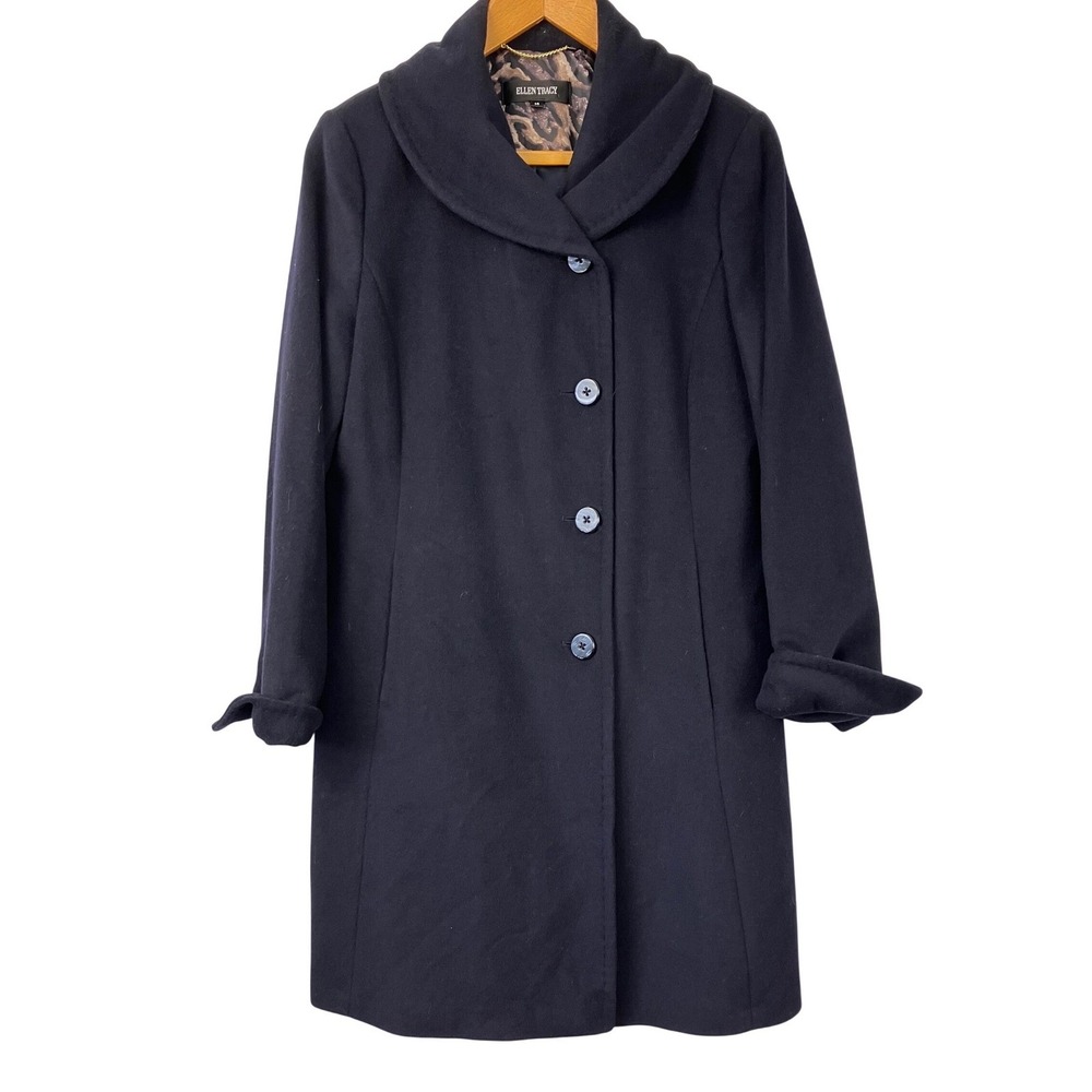 New Ellen Tracy Navy Blue Wool Blend Shawl Collar Coat Leopard Lining Size‎ 14